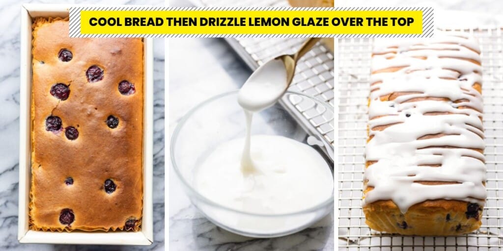 blueberry lemon loaf collage: freshly baked loaf in pan, lemon drizzle in a bowl and loaf with drizzle on top 