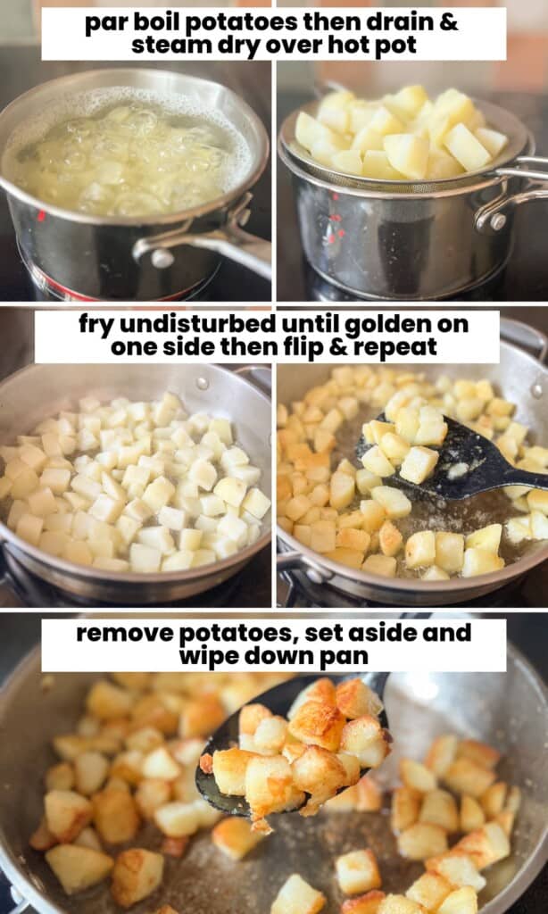 crispy pan fried potato collage with steps for par boiling, steam drying and frying