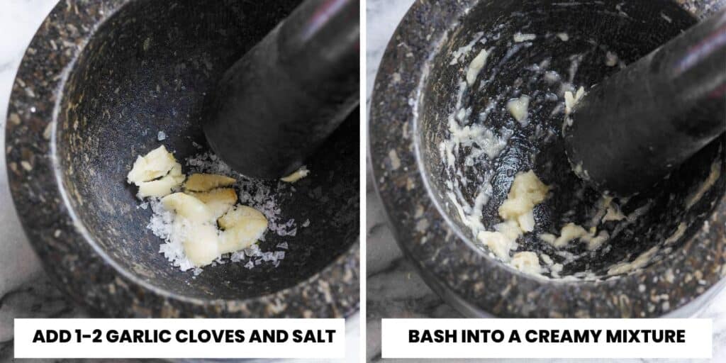 collage of garlic and salt bashed in mortar and pestle