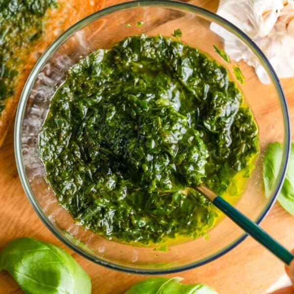 pistou sauce in a small bowl with a little spoon