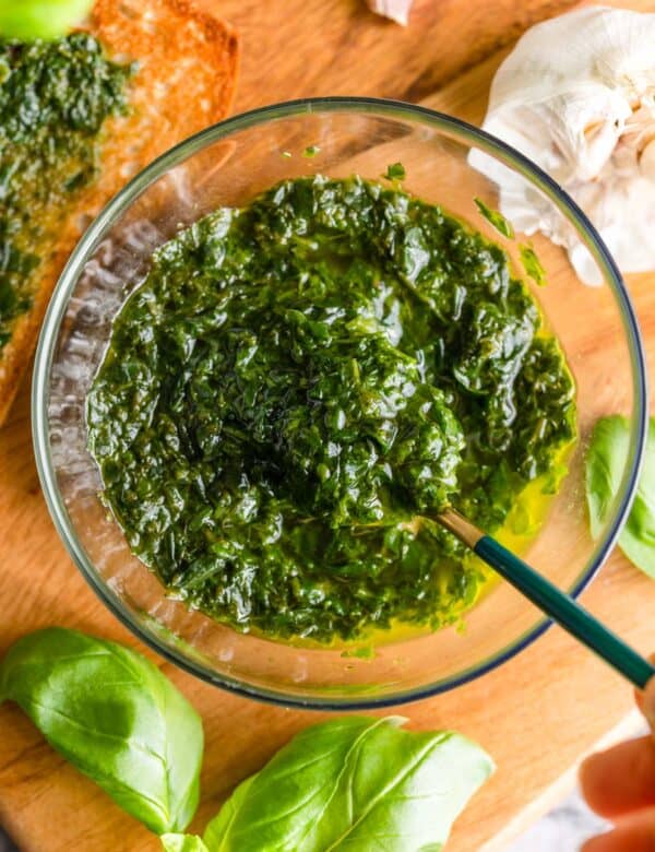 pistou sauce in a small bowl with a little spoon