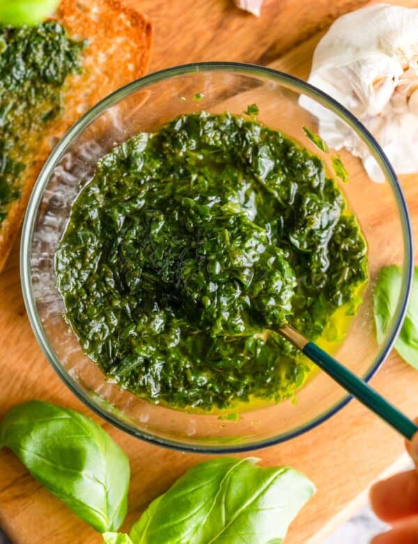 pistou sauce in a small bowl with a little spoon