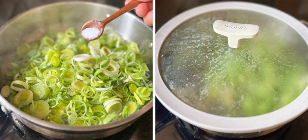 two images stitched together: leeks sautéing in a pan with salt in one and then covered with a fitted lid to steam