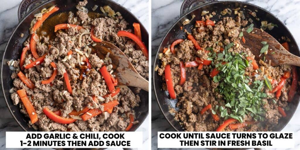 thai basil beef stir fry before and after the basil is mixed into the skillet