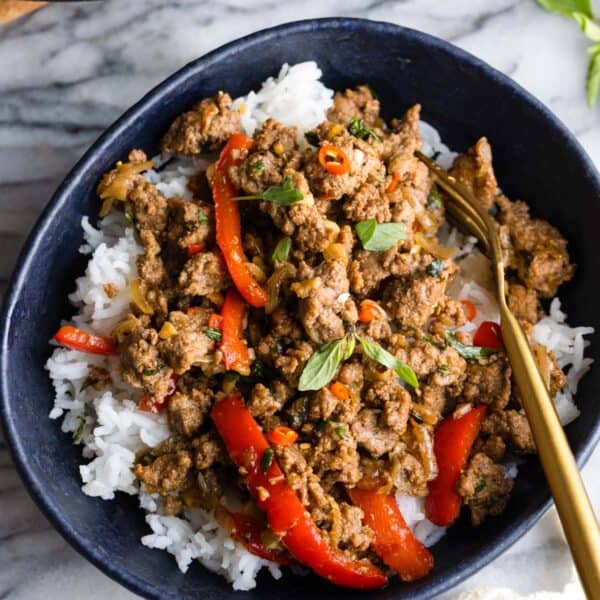 thai basil beef stir fry in a bowl