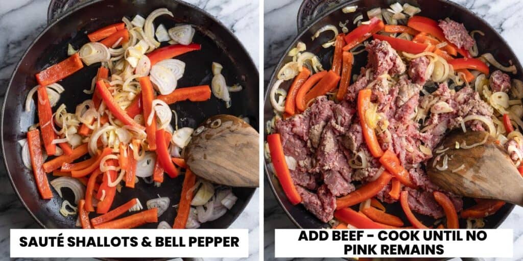 an image of shallots and bell pepper frying in a skillet and another image of the same skillet with ground beef mixed in