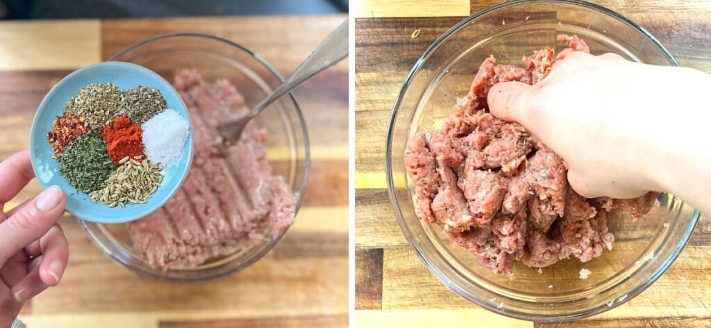 blend of dried herbs and spices mixing into ground turkey mince