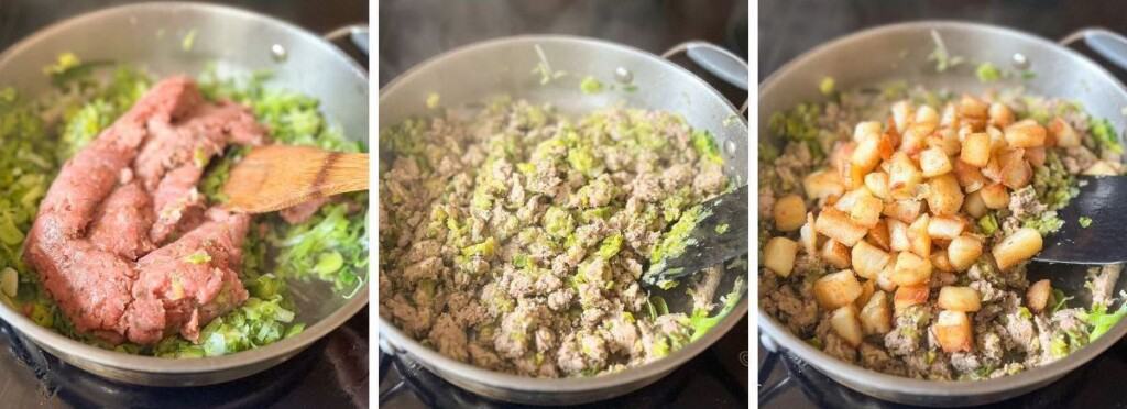 collage of ingredients mixing together to make a potato, leek and turkey breakfast hash