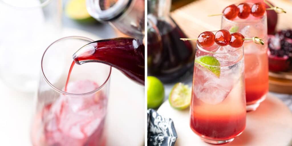  Homemade Grenadine collage of two pictures: left picture shows grenadine syrup pouring into a glass with ice and the second picture is a finished shirley temple cocktail