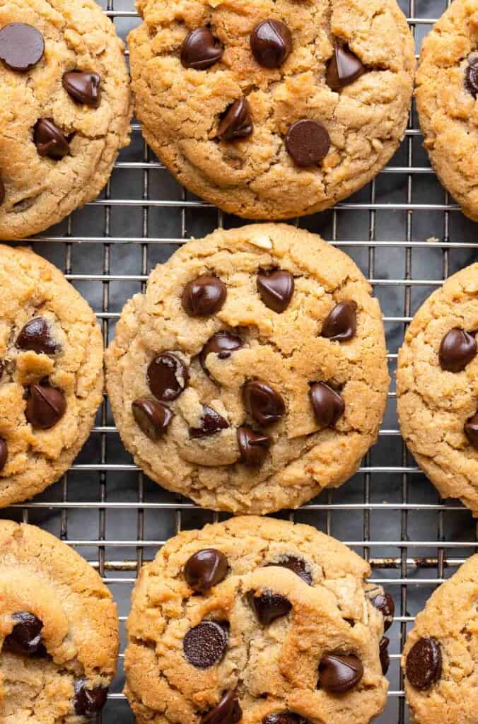 Chocolate Chip Peanut Butter Cookies made with Millet Flour cooling on a wire rack