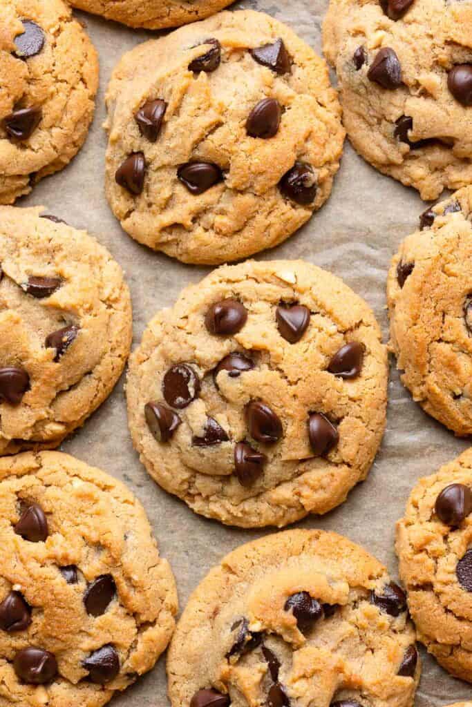 chocolate chip Peanut Butter Cookie with chocolate chips made with Millet Flour on baking paper