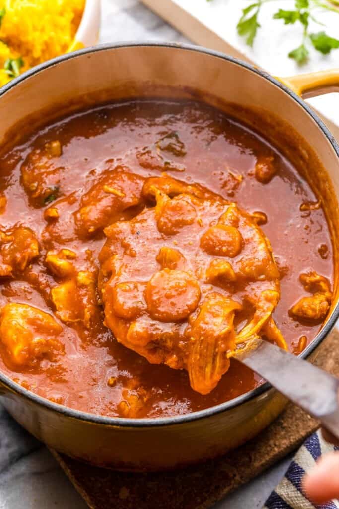 ladle scooping up a big serving of Moroccan Chicken Stew from a soup pot