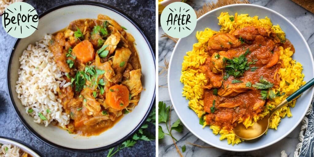 Moroccan Chicken Stew before and after collage pictures comparing the old recipe vs the new