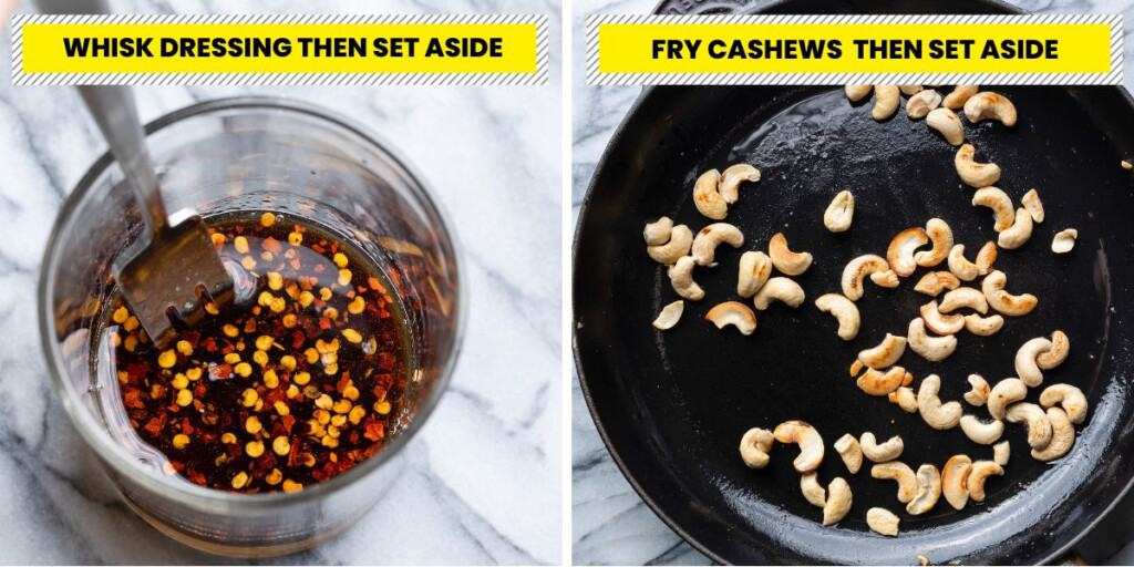 dressing mixed a cup and and cashews toasting in a frying pan