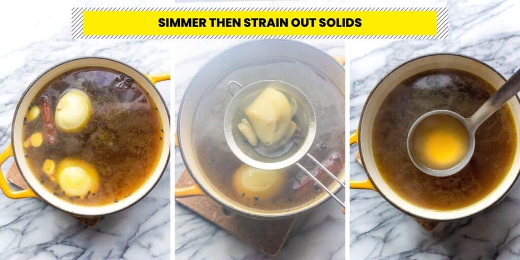 easy pho broth recipe - collage straining the solids from the broth