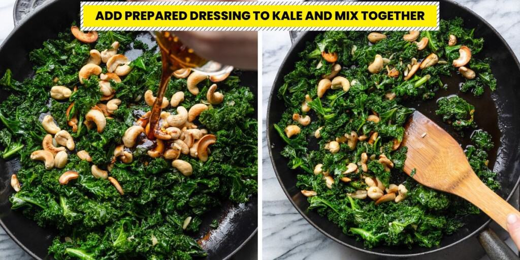 dressing pouring over sautéed kale 