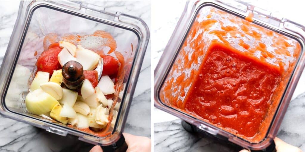 a collage of two blenders: the first blender contains roughly chopped onion, garlic, ginger and tomato. The second picture is those vegetables blended into a tomato sauce. 