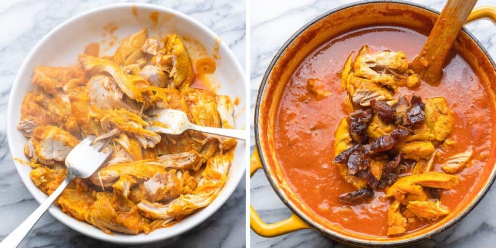 Collage of two images: Picture on left is a bowl of cooked chicken shredded with a couple of forks. Picture on right is Moroccan stew with shredded chicken and chopped dates mixed in.