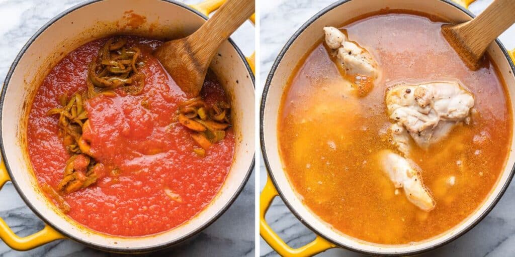 Blended tomato sauce added to sautéd onions and carrots.  Broth and chicken thighs add to pot.