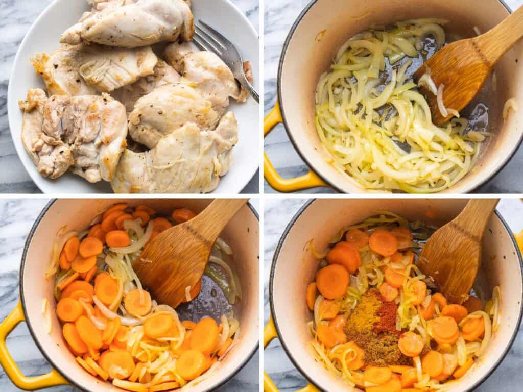 collage showing the step to sauté the chicken and vegetables in the moroccan stew 