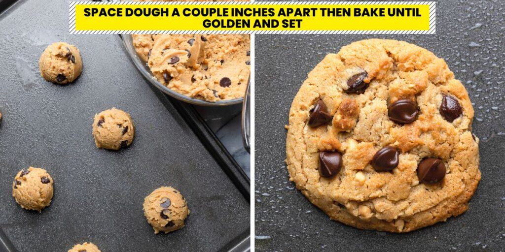 gluten free peanut butter cookie dough  made with millet flour - balls on a baking sheet and a freshly baked cookie