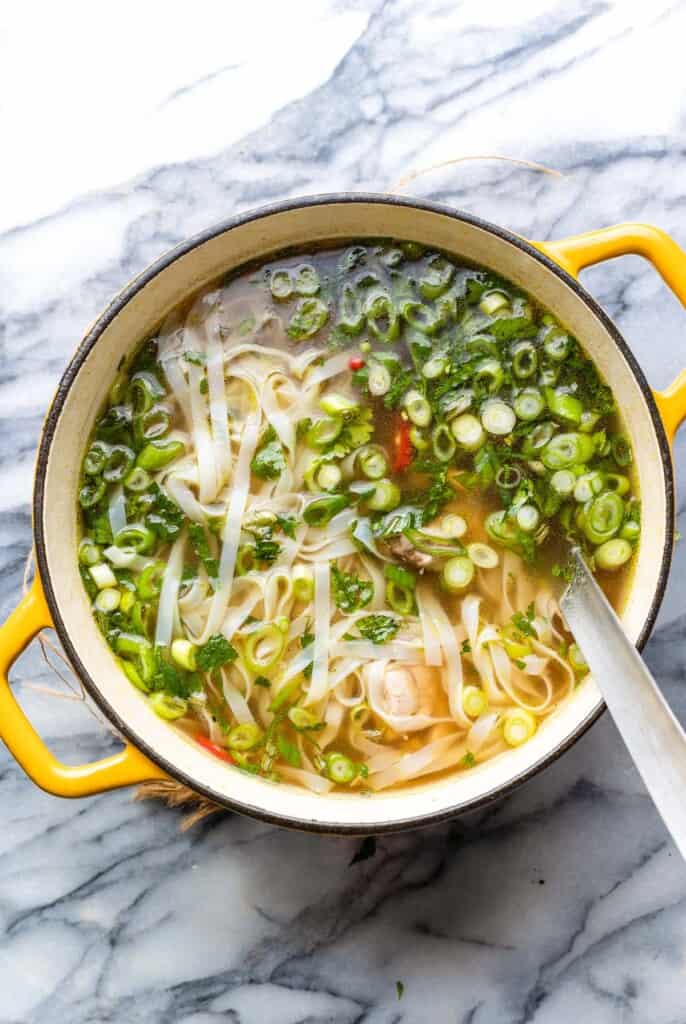 Five Spice Chicken Noodle Soup in a soup pot with a ladle