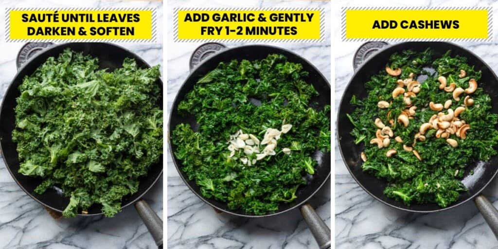 collage of kale sautéing in a frying pan with garlic and toasted cashews 