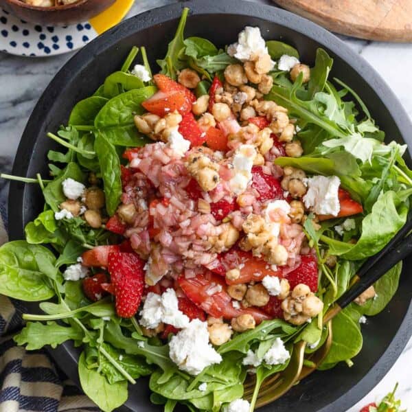 Strawberry Feta Salad with Candied Hazelnuts in a salad bowl