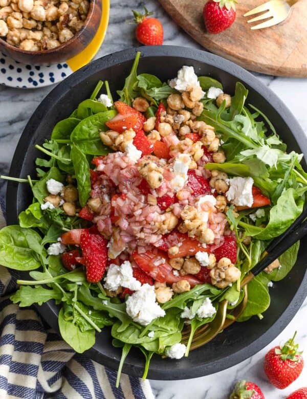 Strawberry Feta Salad with Candied Hazelnuts in a salad bowl
