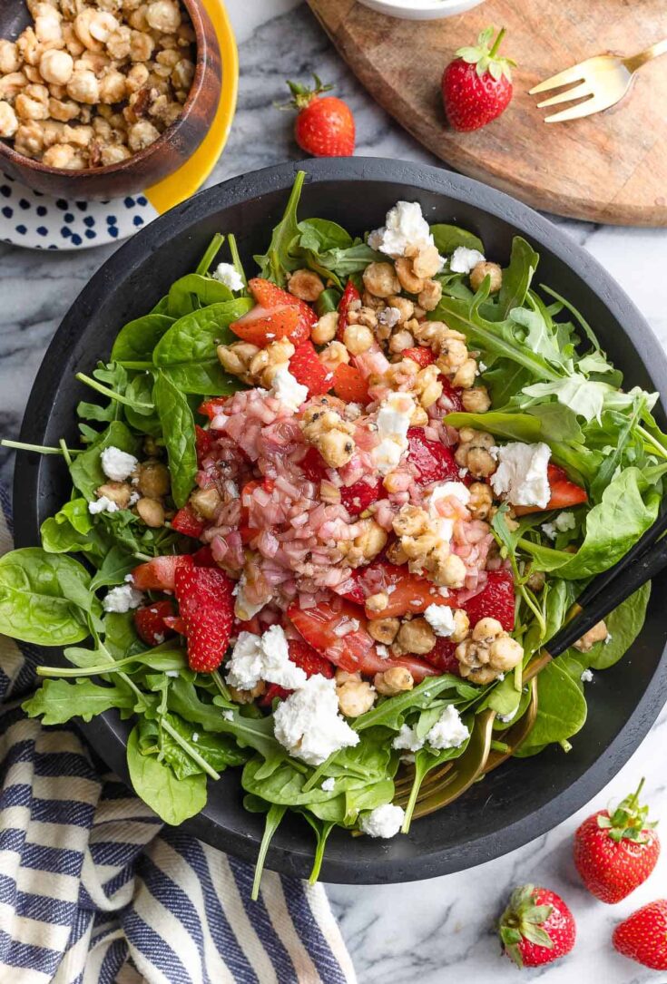 Strawberry Feta Salad with Candied Hazelnuts in a salad bowl