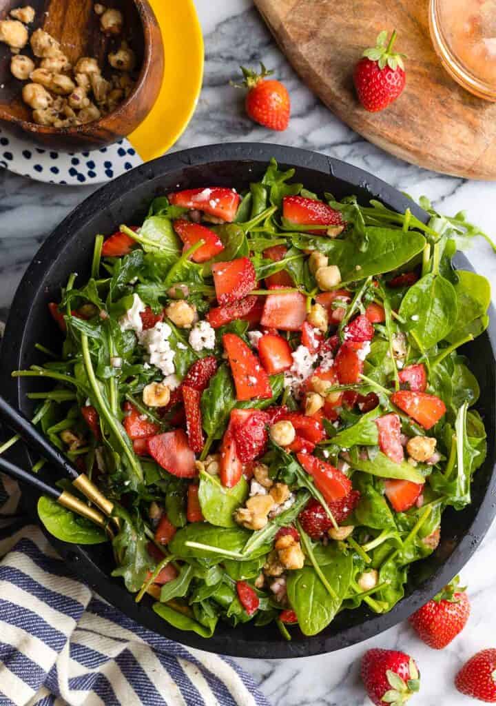 Strawberry Feta Salad with Candied Hazelnuts coated with a shallot vinaigrette 