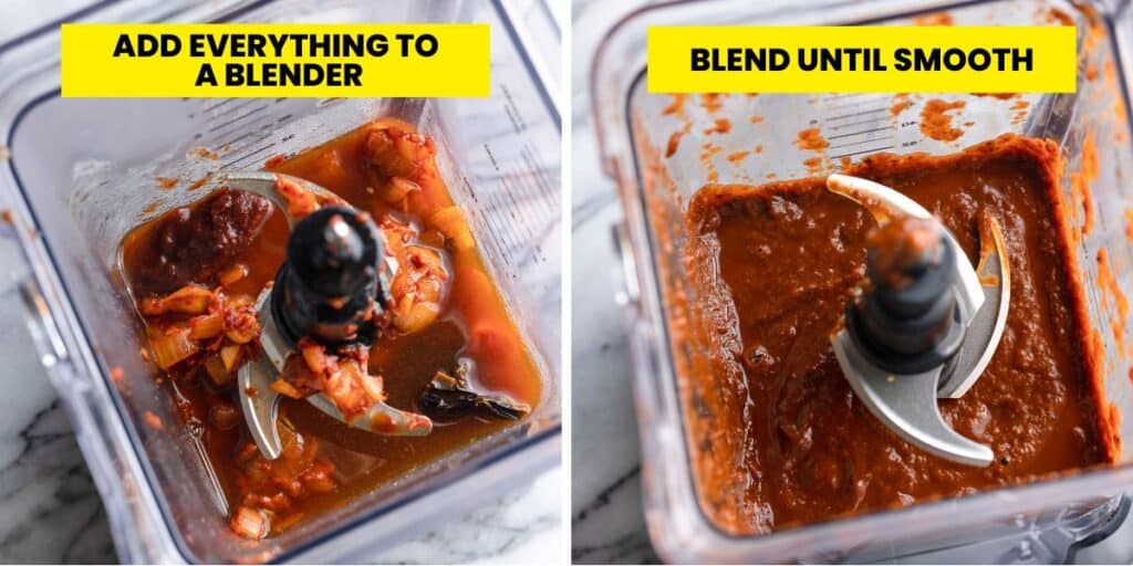 enchilada sauce in a blender before and after blending