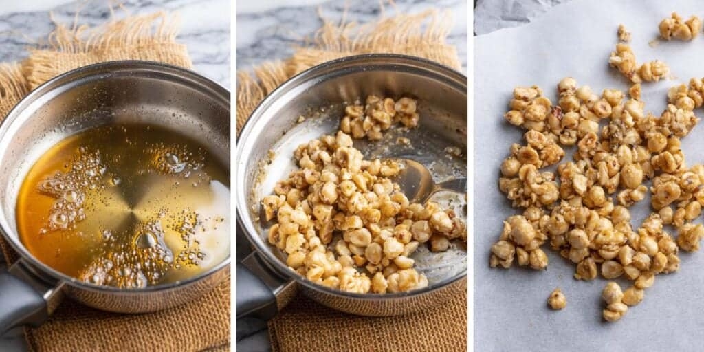 collage for making candied hazelnuts with brown sugar and water in a sauce pan