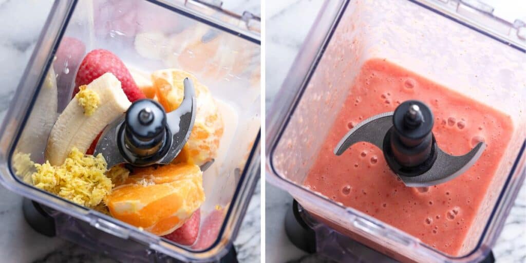 a blender full of frozen strawberries, banana, orange, ginger and milk before and after blending up into a smoothie