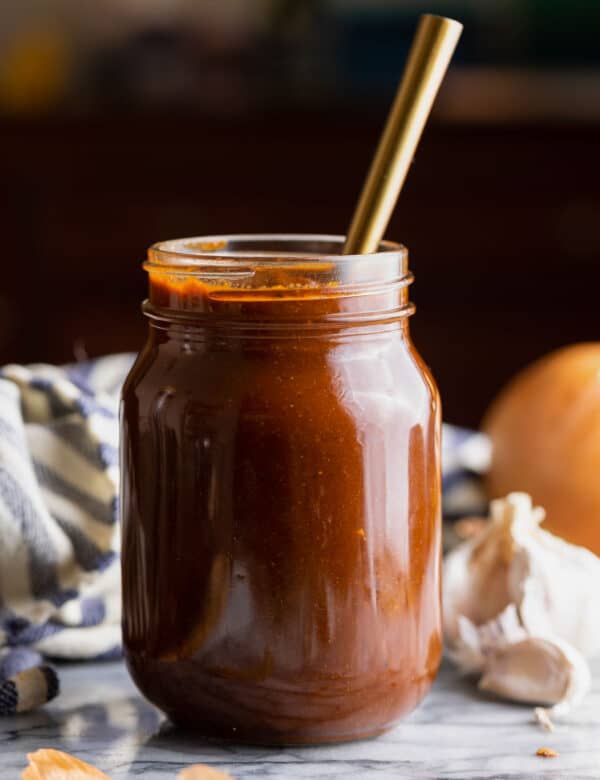 Homemade Toasted Ancho Sauce in a mason jar