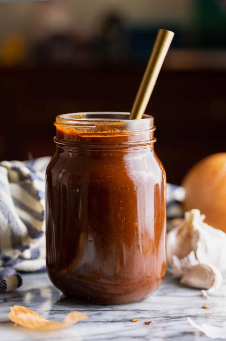 Homemade Toasted Ancho Sauce in a mason jar