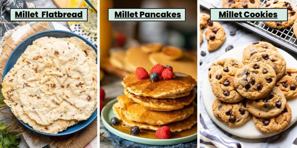 collage of recipes made with ground millet, flatbread, pancakes and cookies