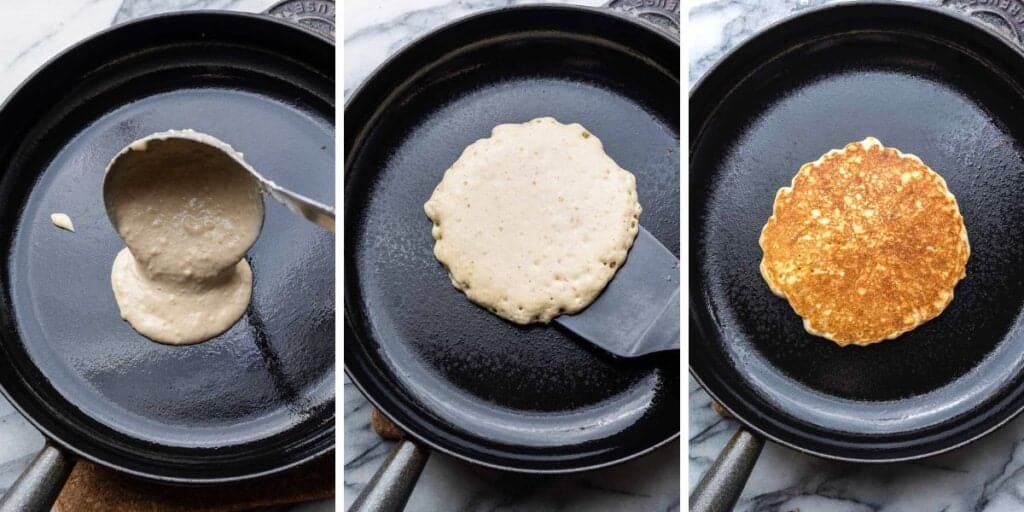 millet pancakes cooking on a skillet