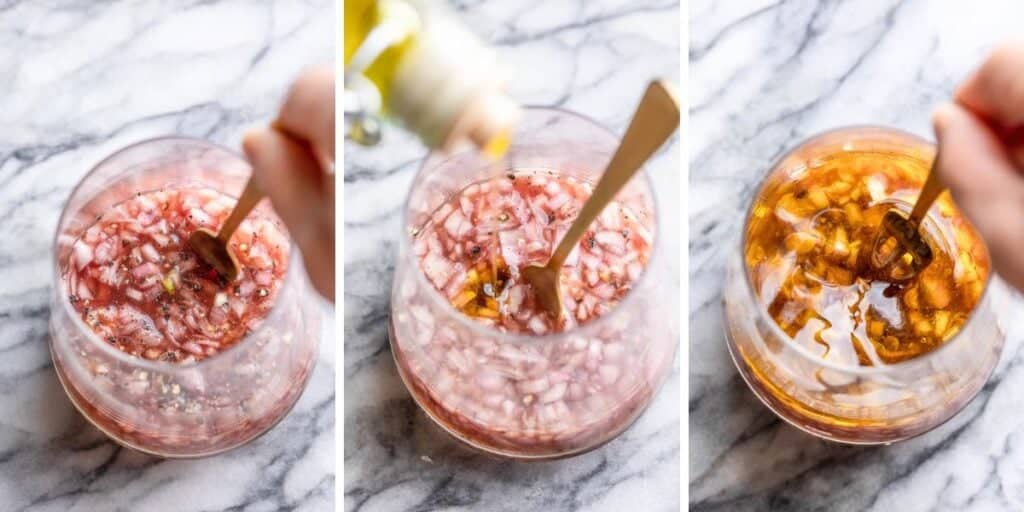 a collage demonstrating how to make the red wine vinaigrette in a small cup