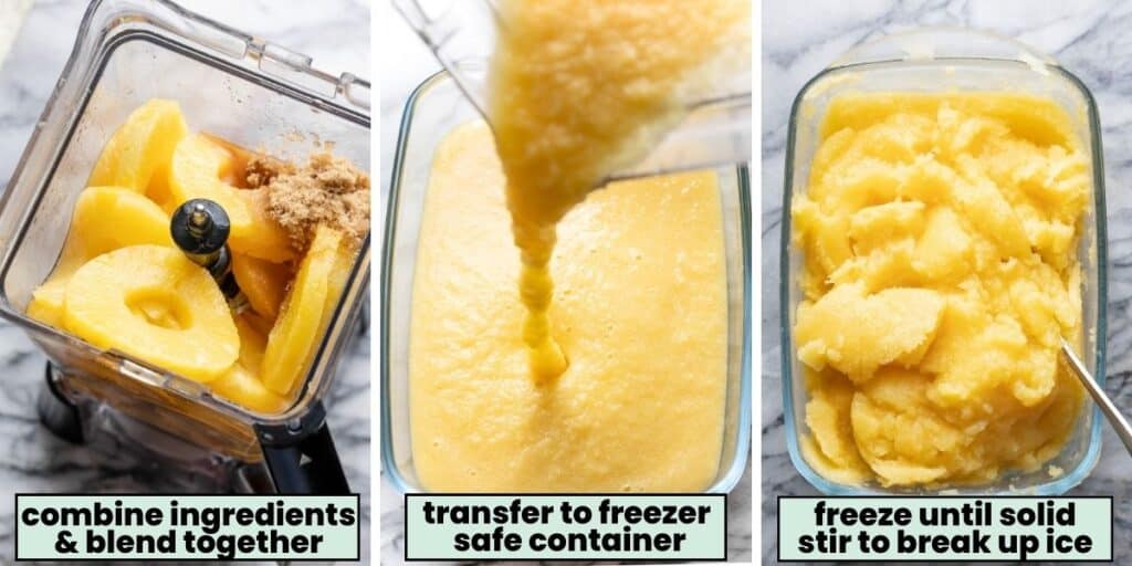 three step collage showing how to make the boozy pineapple mango sorbet: blender, pour into freezer container and stir occasionally until frozen