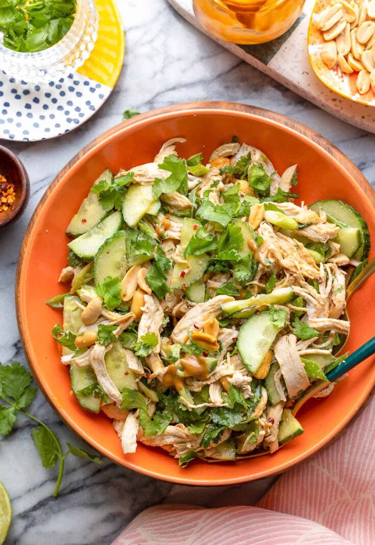 cucumber chicken salad in a serving dish