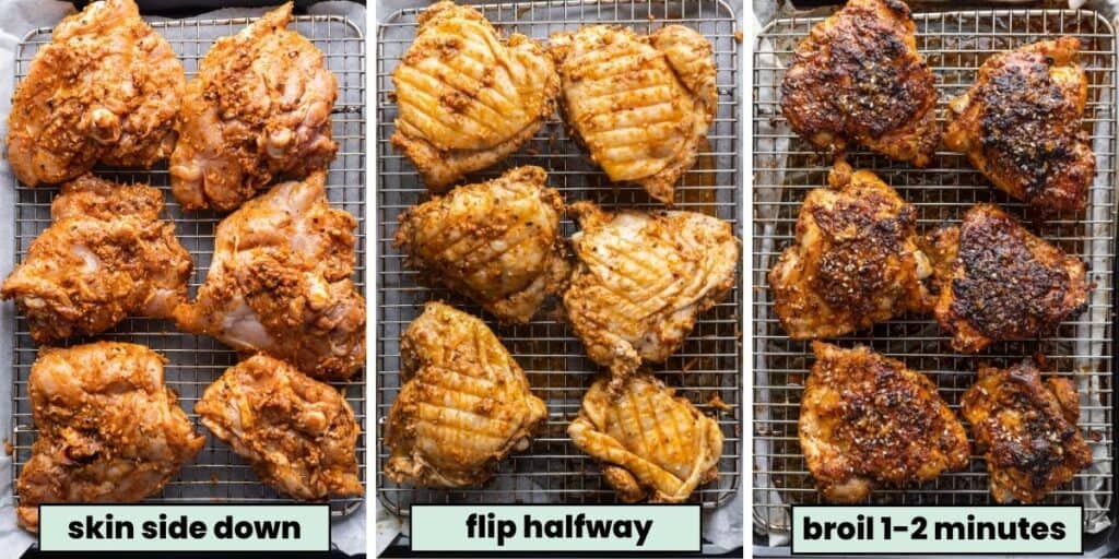 collage showing the process of baking the paprika and za'atar chicken thighs on a wire rack, flipping over the chicken pieces to crisp up the skin