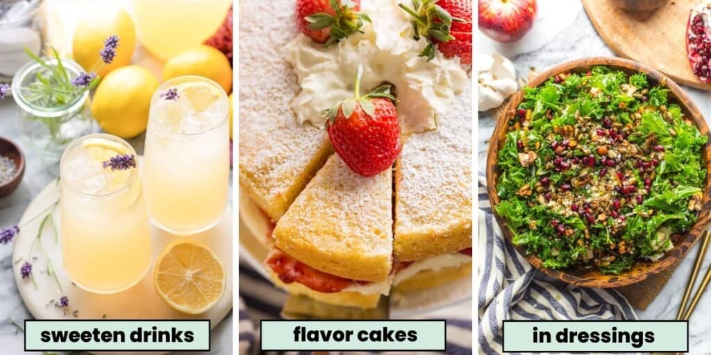 collage demonstrating the different ways to use honey simple syrup: in drinks, baked goods and salad dressings