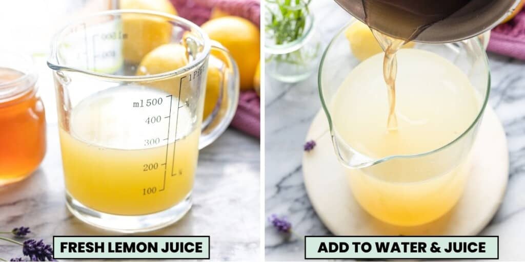 lavender lemonade collage: lemon juice in a measuring jug and a pitched of lemonade with the syrup pouring in