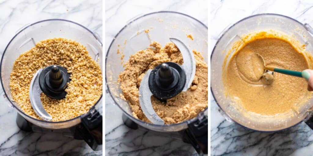 that different stages of hazelnuts grinding in a blender to make hazelnut butter