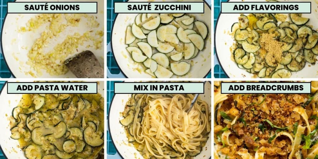 collage of sauteed onion and zucchini  cooked into a pasta sauce