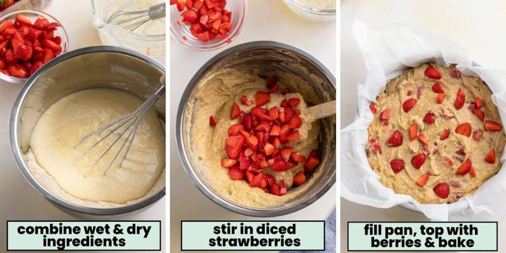 Strawberry Cornmeal Ricotta Cake collage mixing the batter together with strawberries then adding the unbaked batter to a cake pan lined with baking paper.