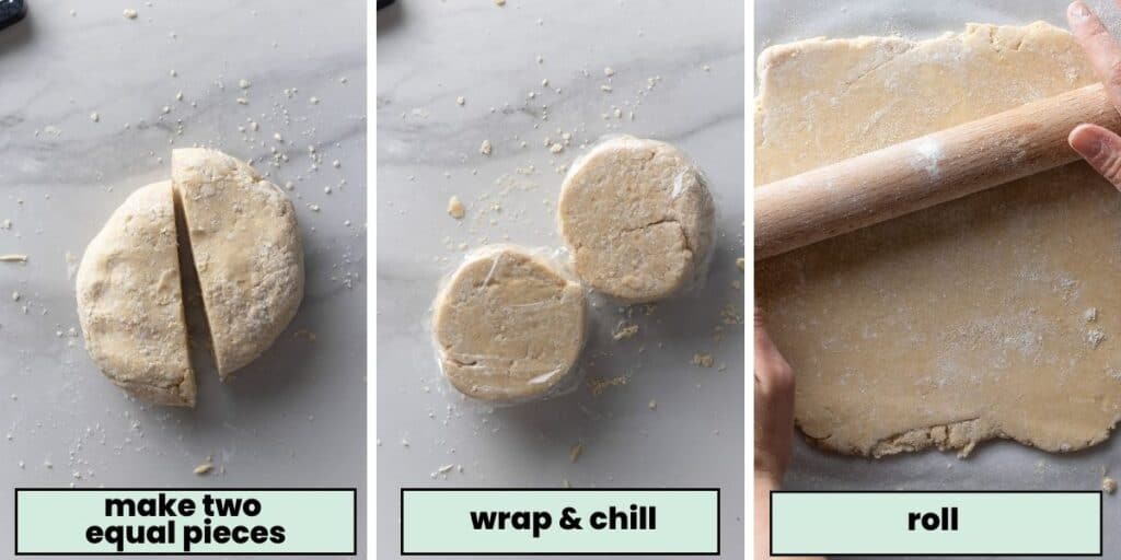gluten free cassava flour pie crust dough collage: divide the dough into two equal sizes pieces, then wrap each half in plastic wrap and chill in the fridge then roll to make the crust.