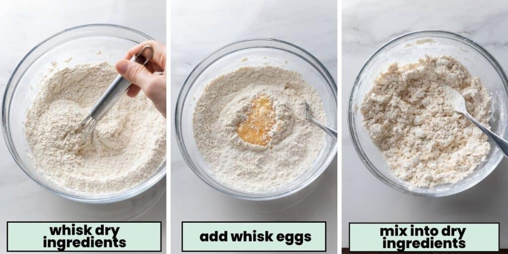 cassava flour pie crust prep collage. Three steps: whisk dry ingredients, add whisked eggs, mix the eggs into dry ingredients.