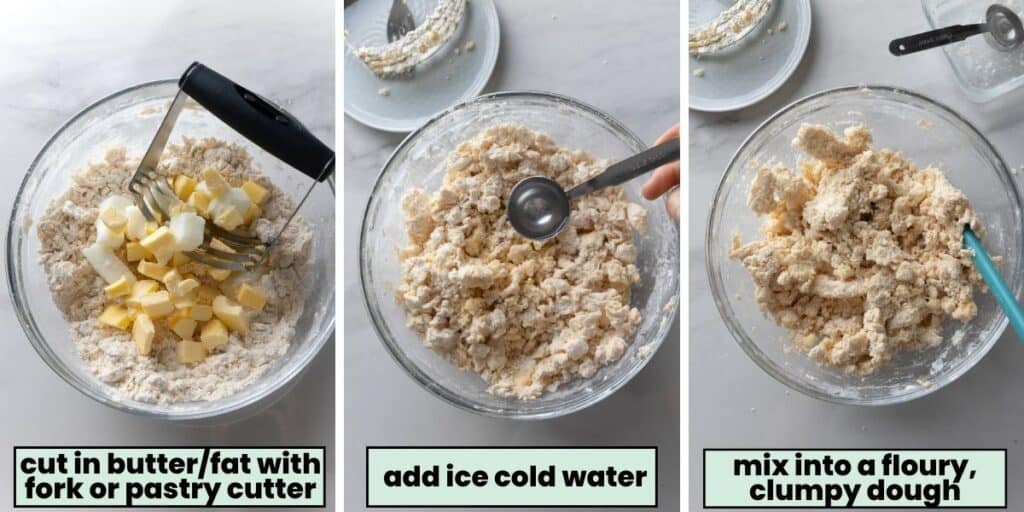 cassava pie crust collage: cut the butter/fat into the flour mixture with a pastry cutter, add ice cold water to the dough, mix into a  floury, clumpy dough.